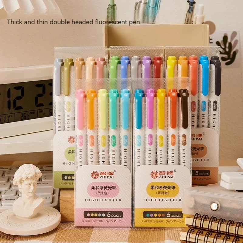Highlighter Set Pastel - 5 ألوان/صندوق مزدوج الرأس قلم تحديد